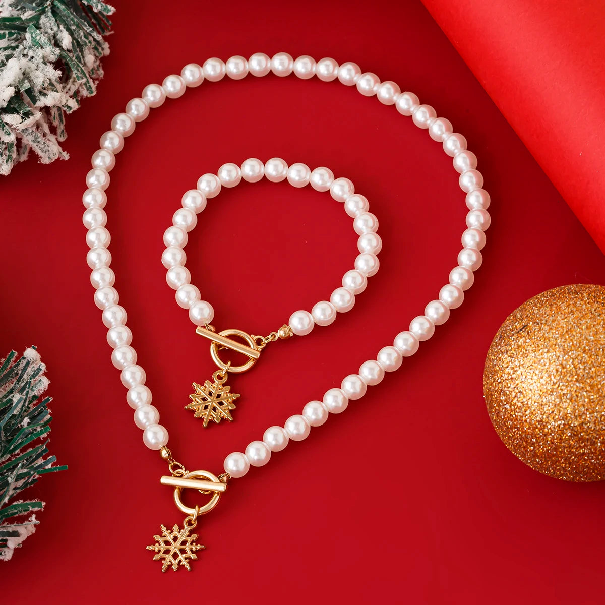 SHIXIN 2Pcs Christmas Tree Snowflake Pendant Necklace Bracelet Women Elegant Imitation Pearl Choker Bangle Christmas Jewelry Set