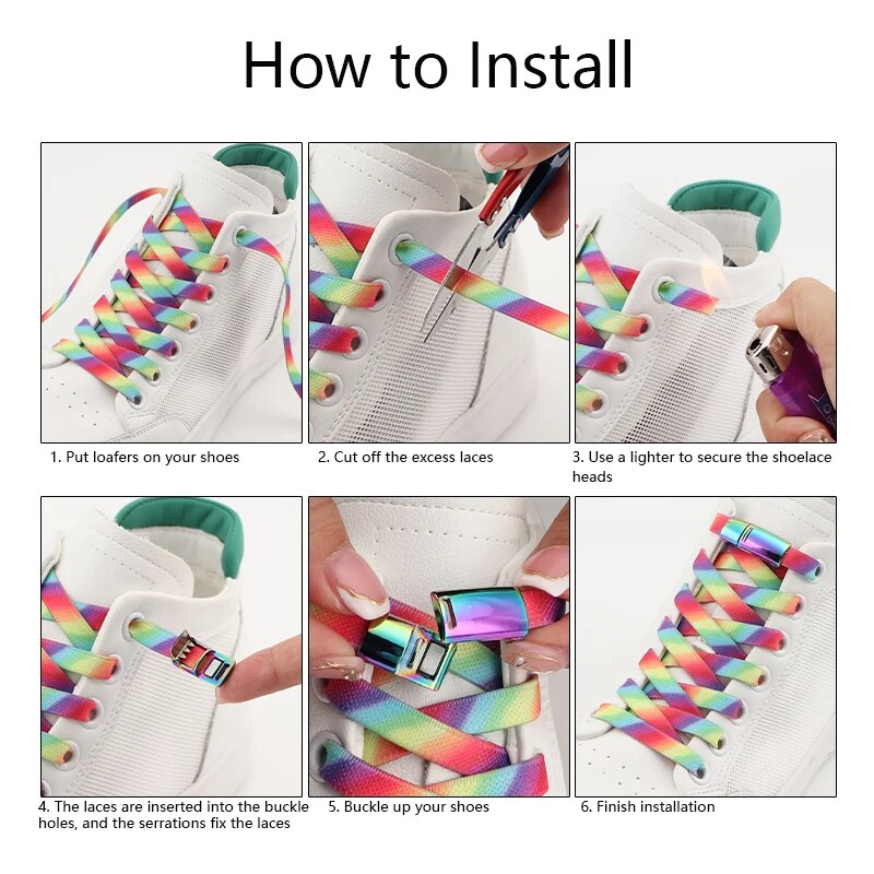 Rainbow Magnetic Lock Shoelaces Elastic Sneaker Laces Adults Kids 8MM Wide Flats Rubber No Tie Shoe laces Shoe Accessories