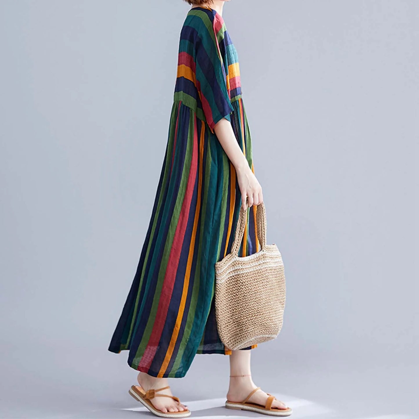 Rainbow Dress With Pockets Women's Stripe Print Plus Size Loose Large Swing Dresses Female Casual Breath Comfty Outgoing Dress