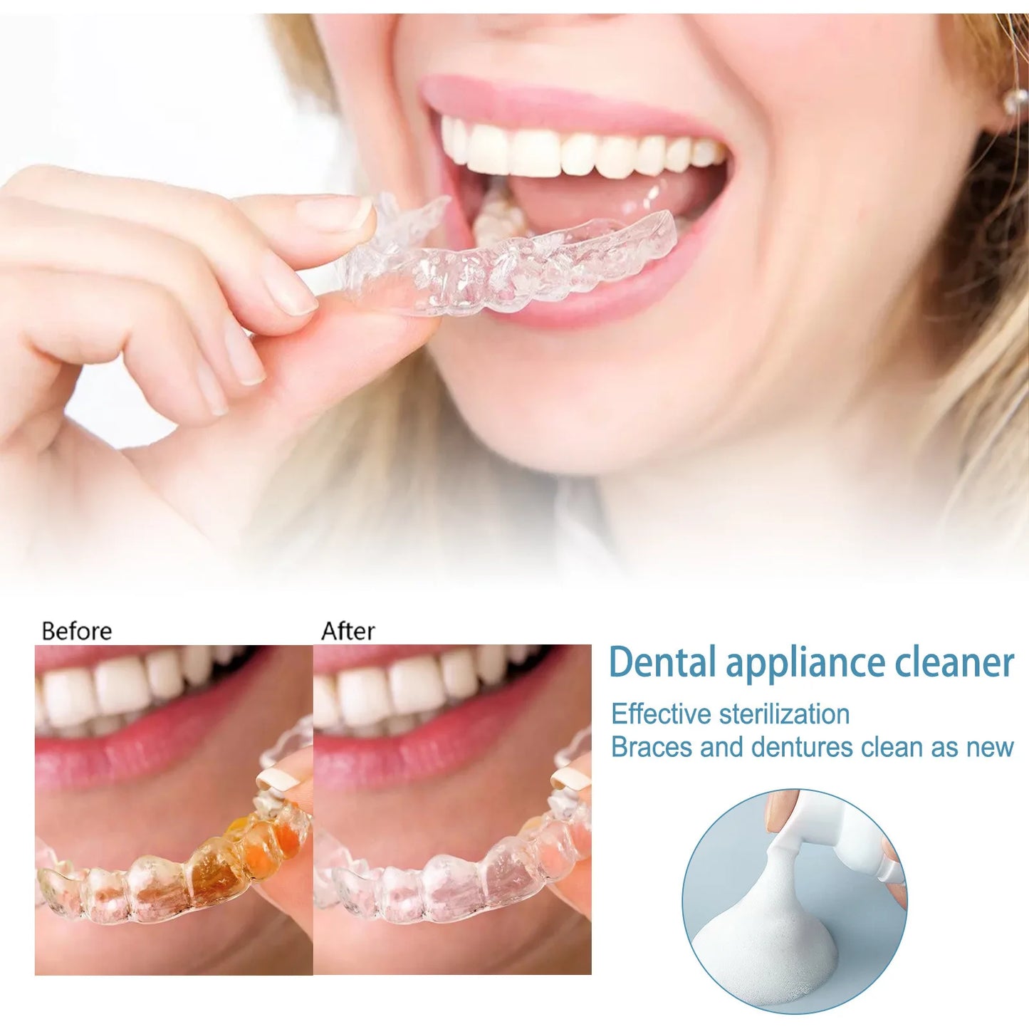 EELHOE Denture Toothpaste Retainer Cleaner Remove Stains Bad Odor False Teeth Deep Cleaning Sterilizing Bleaching Mousse Cleaner