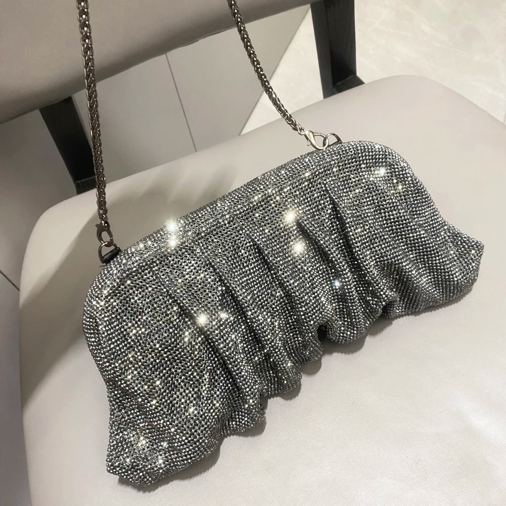 Shiny Handle Rhinestones Handmade Evening Clutch Bags New Folds Purses And Handbags Luxury Designer Wedding Party High Quality