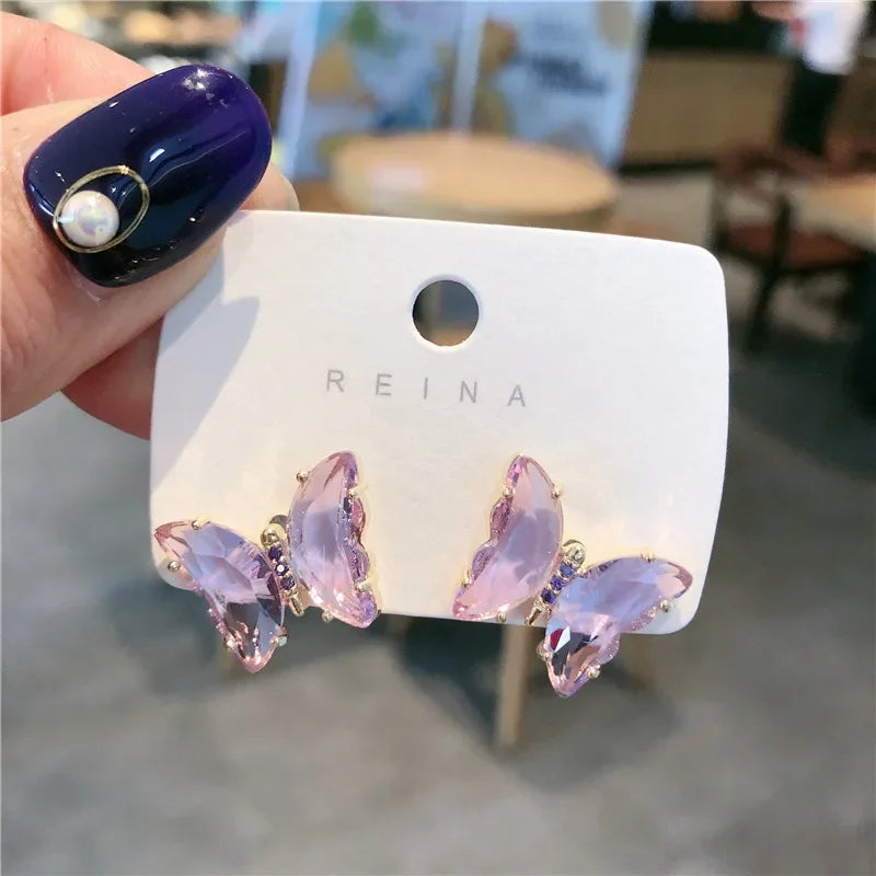 Korean New Fashion Purple Crystal Butterfly Earrings for Women Rhinestone Cute Girl Zircon Stud Earrings Jewelry Wholesale