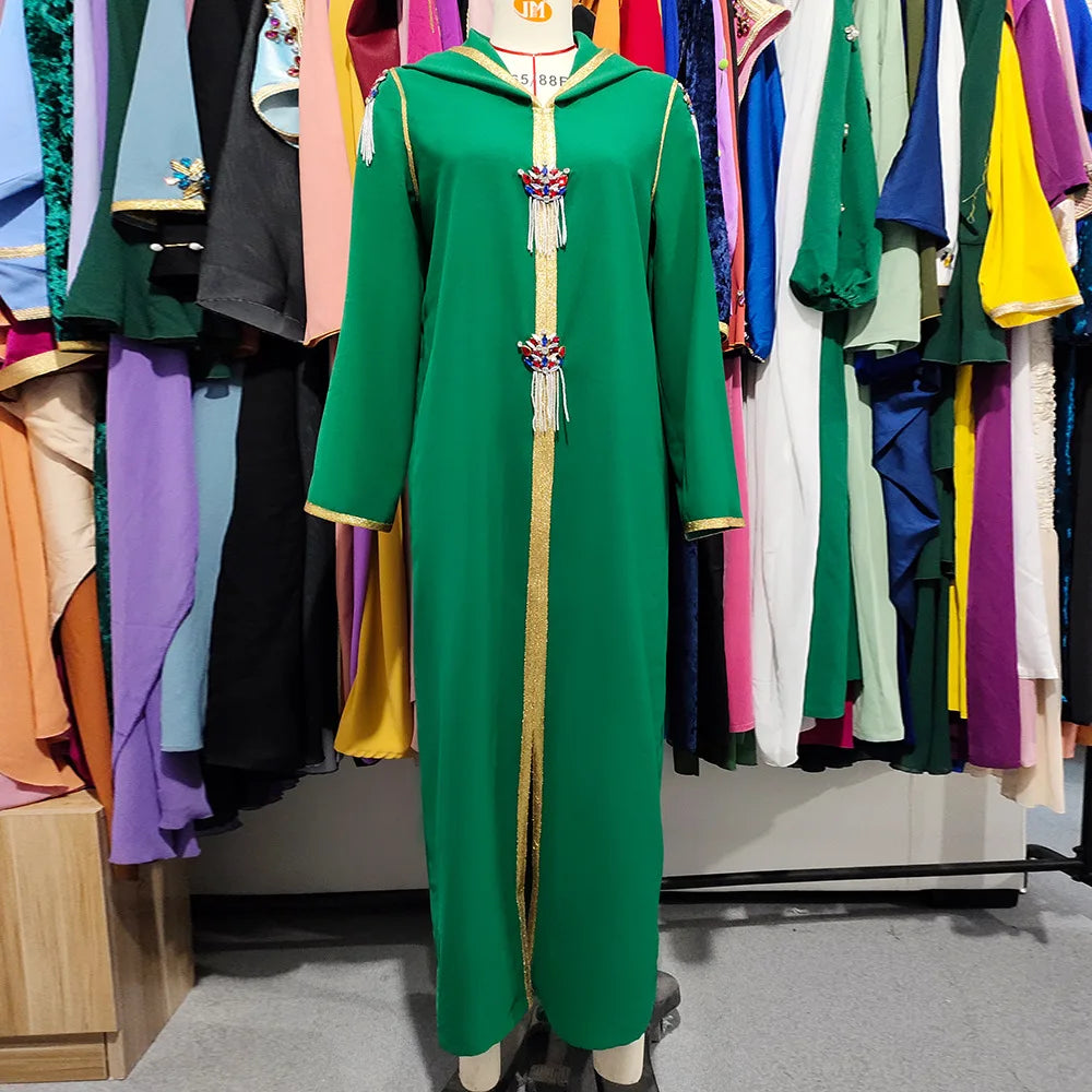 Uni Rhinestone Beaded Contrast Gold Trim Tassel Hooded Dress Split Hem Kaftan Abaya Muslim Woman Dress 2022 Green New