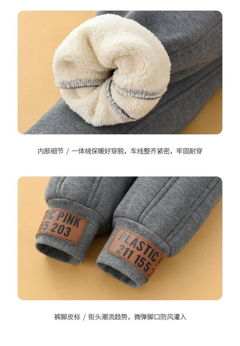Children's Thick Cotton Pants Winter Boys Padded Plush Velvet Trousers Big Kids Lamb Wool Warm Snow Pants 4-14 Years