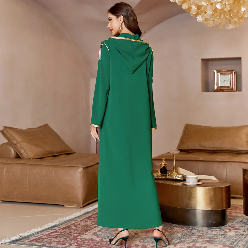 Uni Rhinestone Beaded Contrast Gold Trim Tassel Hooded Dress Split Hem Kaftan Abaya Muslim Woman Dress 2022 Green New