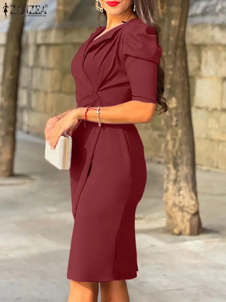 2024 ZANZEA Elegant Office Suit Dress Women Half Puff Sleeve Vestidos Summer Fashion Solid Color Robe Casual V-neck OL Dresses