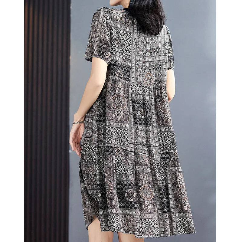 Fashion Round Neck Female Clothing Geometric Printing Summer 100% Mulberry Silk Vintage Patchwork Slim Midi A-line Dress