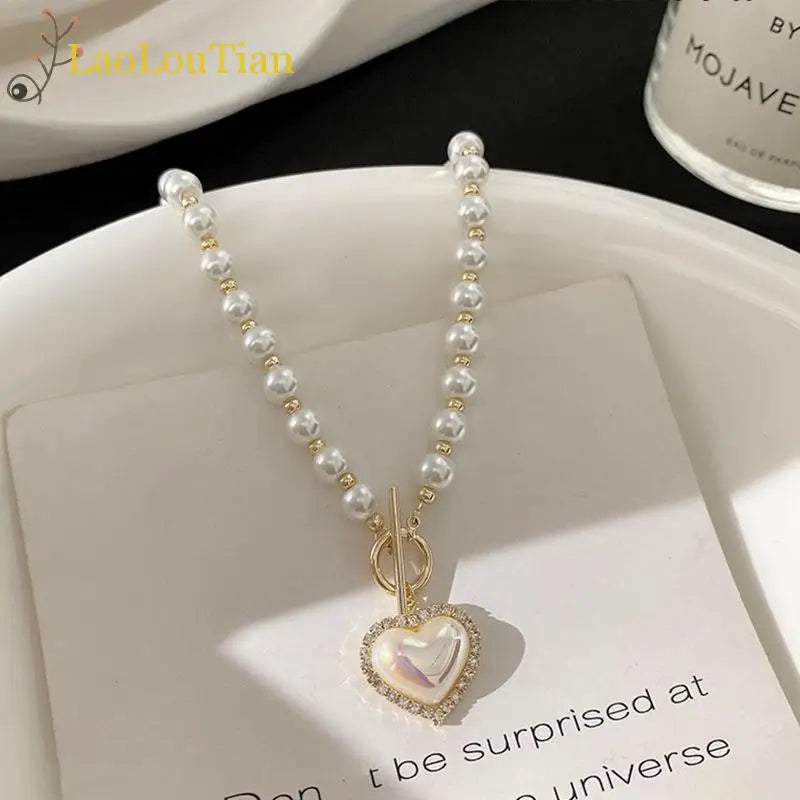 Korean Elegant Pearl Beads Necklace for Women Fashion Rhinestone Shell Heart Pendant Necklace Girl Charms Vintage Choker Jewelry