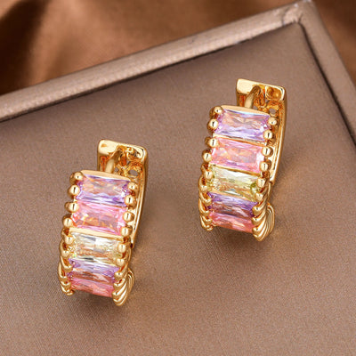 JUWANG Plated 18K Gold Hollow Color Zircon Temperament Design Earrings Women Exquisite Simple Jewelry Party Luxury Accessories