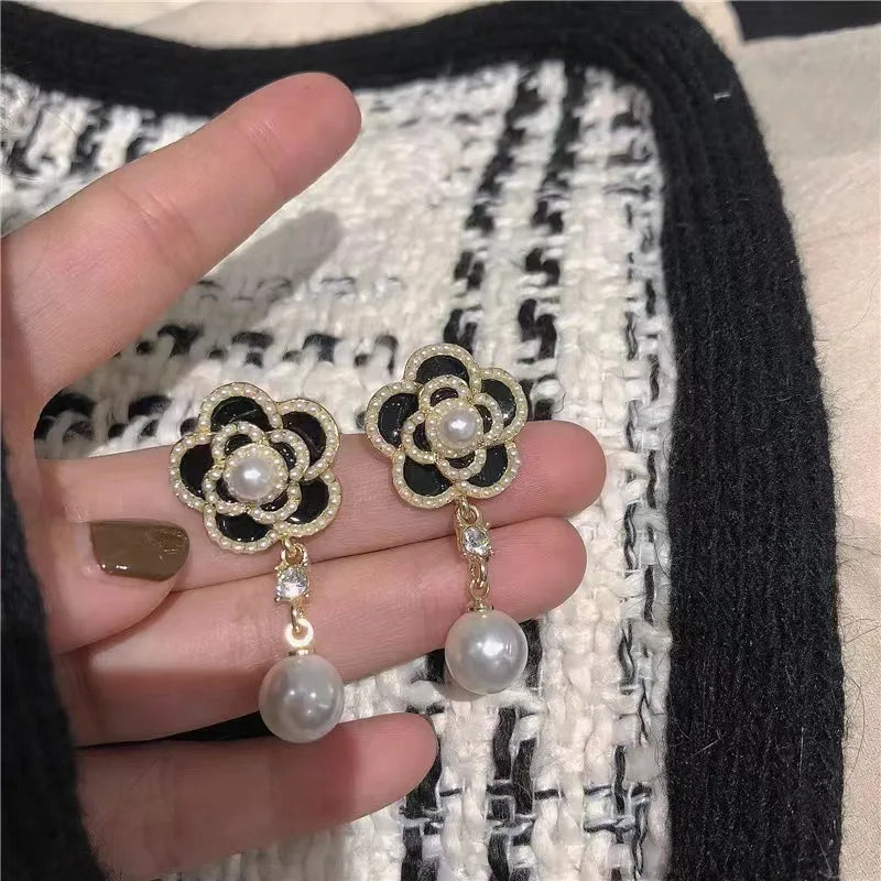 Korean Fashion Imitation Shell Pearl Dangle Earrings for Women Crystal Zirconia Flower Wedding Bridal Earring Party Accessories