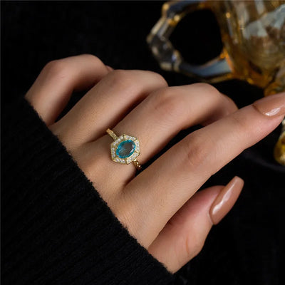 Real S925 sterling silver 18k Gold plating Geometric hexagon Synthetic blue topaz open ring for women luxury Fine jewelry
