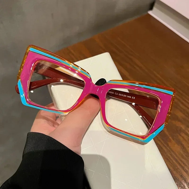 Cat Eye Flat Mirror Women Polygon Fashion Eyeglasses Frame Anti Blue Light Optical Clear Lens Eyewear New Retro Glasses Frame