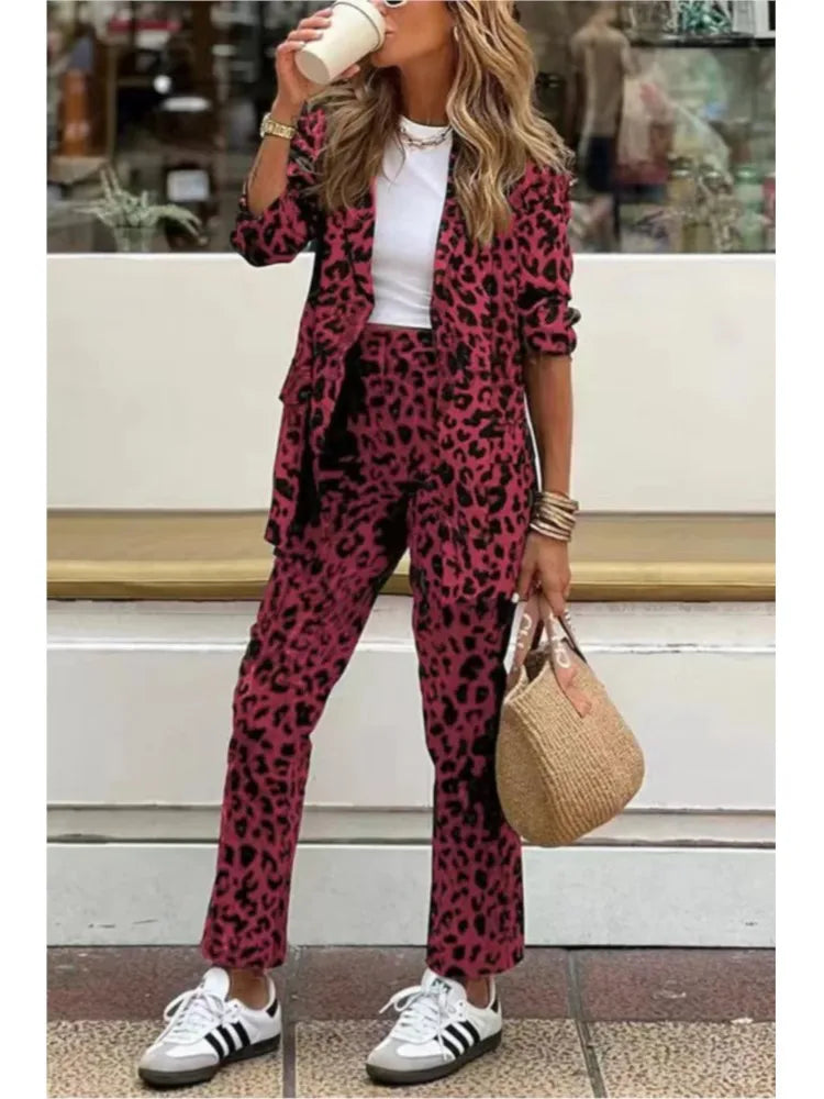 2025 New Leopard Print Two Piece Fashion Long Sleeve Lapel Collar Blazer Tops&Straight Pants Sets Women Slim Autumn Winter Suit