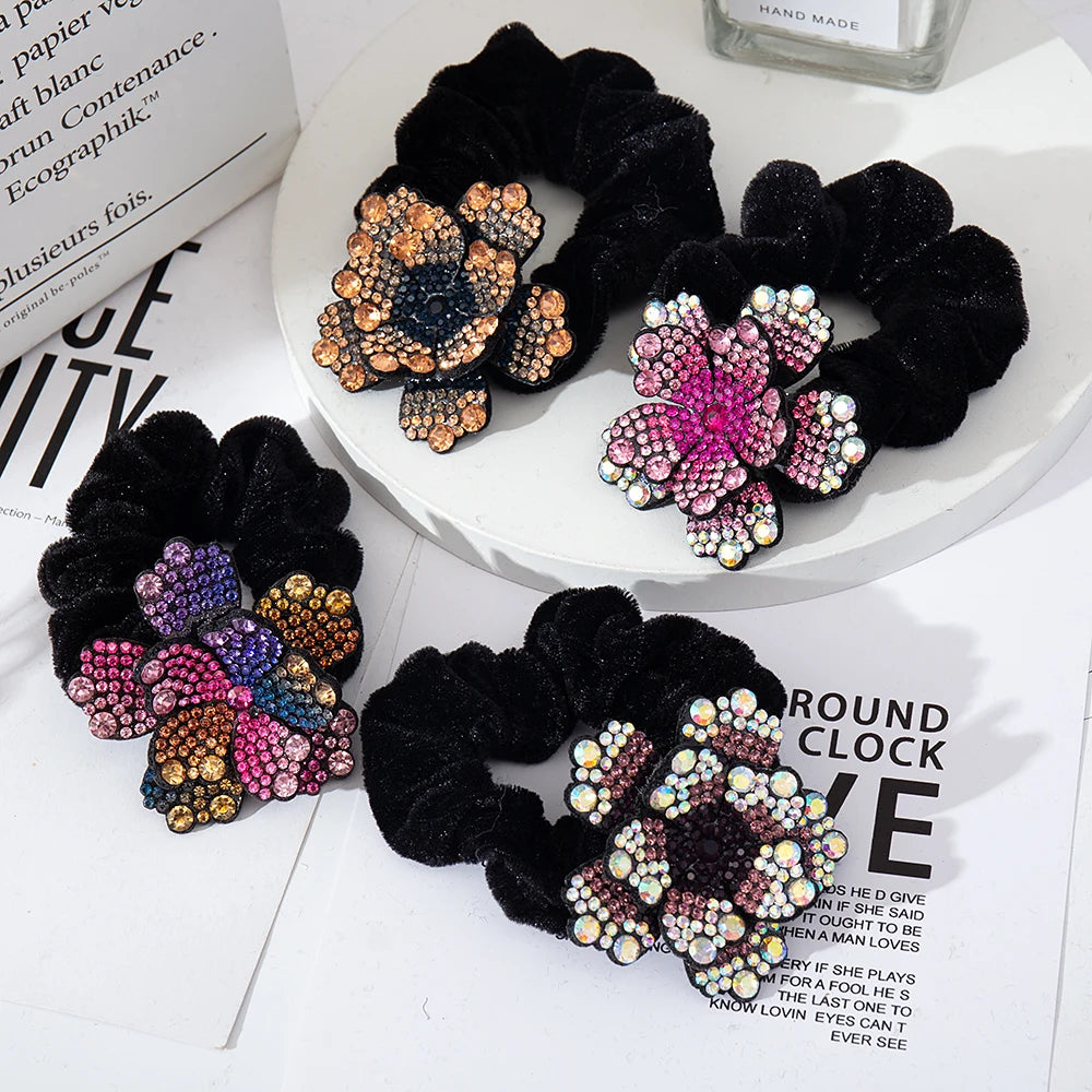 Women Rhinestone Scrunchies Velvet Elastic Hair Bands Flower Hair Rope Rings Ponytail Holder Crystal Headwear Hair Accessories