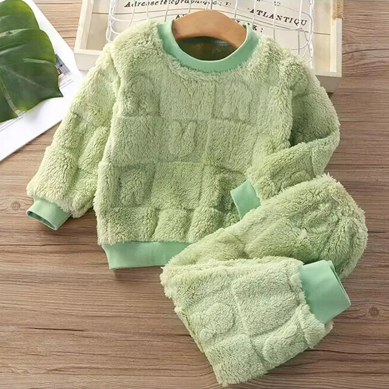 Baby flannel pajamas Korean casual solid color home clothing set for childrens long sleeved pajamas and girls warm underwear set