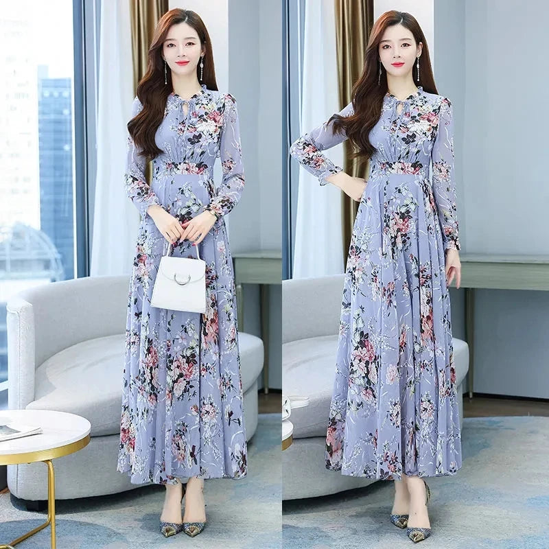 2024 Floral Vintage Chiffon Long Sleeve Dress Spring Autumn Womens Fashion Prom Maxi O-Neck Bodycon Evening Midi Dresses