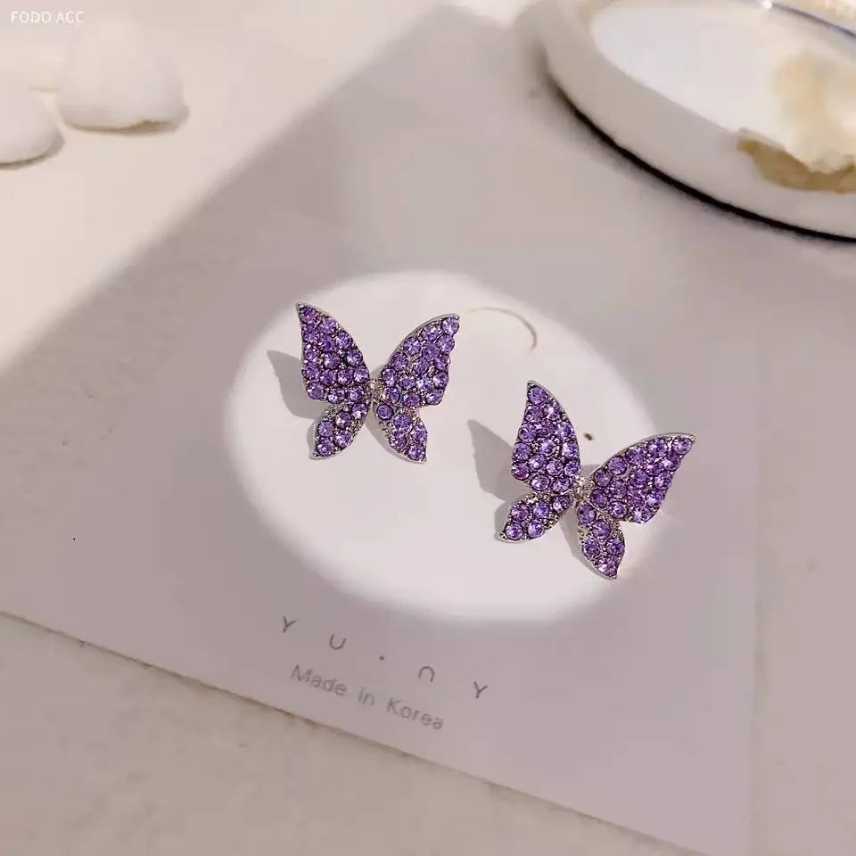 Korean New Fashion Purple Crystal Butterfly Earrings for Women Rhinestone Cute Girl Zircon Stud Earrings Jewelry Wholesale