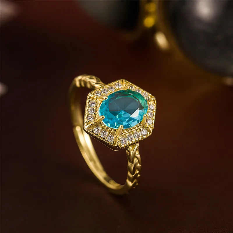 Real S925 sterling silver 18k Gold plating Geometric hexagon Synthetic blue topaz open ring for women luxury Fine jewelry