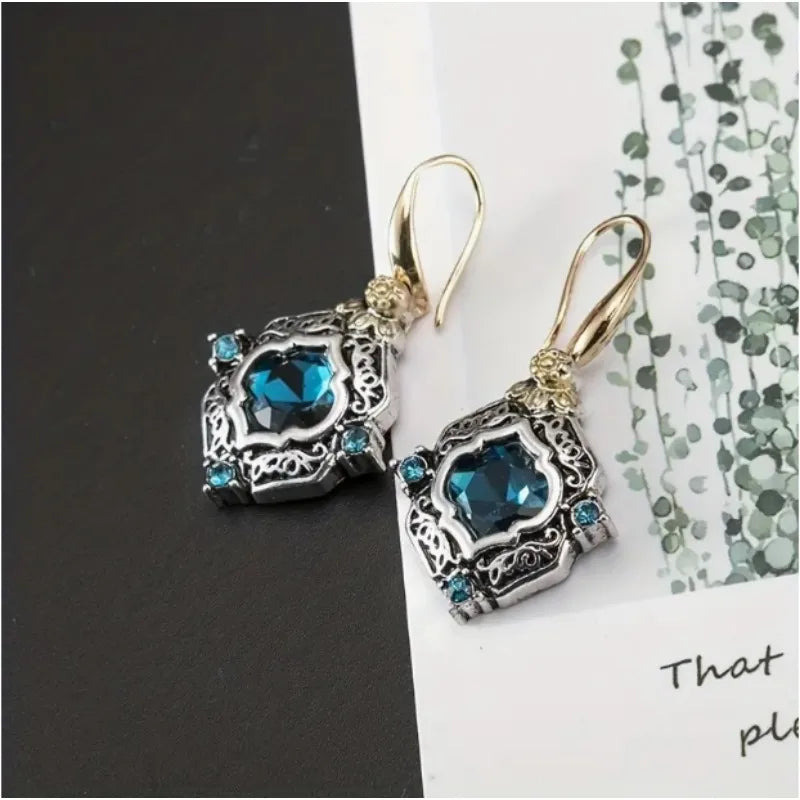 Engraved rhombus blue synthetic gemstone decorative pendant earrings retro elegant style jewelry exquisite women's earrings