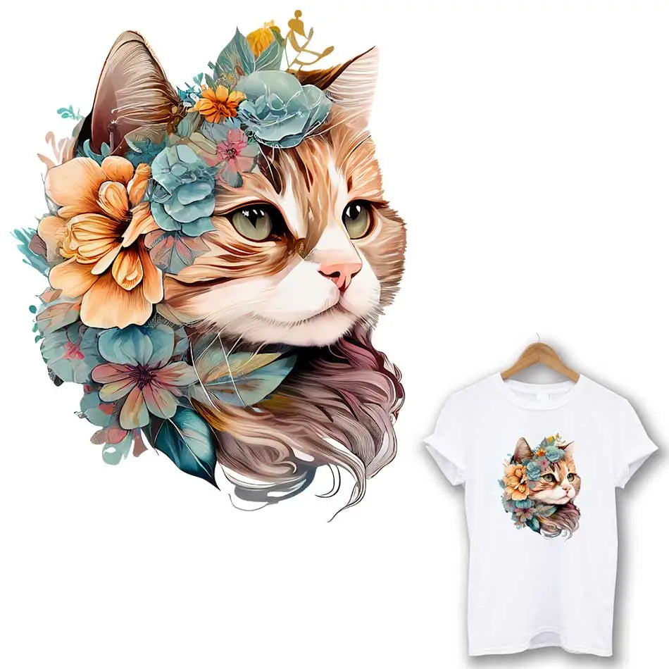 Beautiful Cat Iron-On Transfer For Clothing DIY A-Level Washable T-Shirt /Hoodie Thermal Sticker Fashion Flower Patches Applique