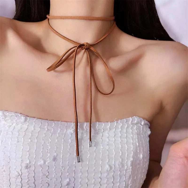 Ethnic Retro Brown Black Rope Chain Necklace for Women Metal Beaded Geometric Charm Adjustable Choker Jewelry Party Collar New