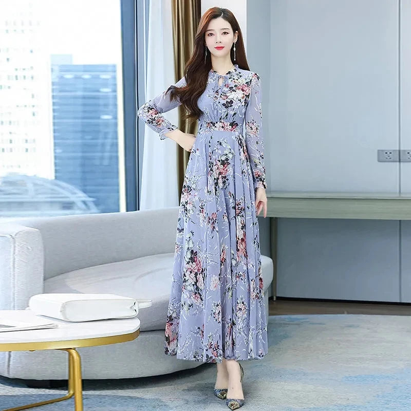2024 Floral Vintage Chiffon Long Sleeve Dress Spring Autumn Womens Fashion Prom Maxi O-Neck Bodycon Evening Midi Dresses