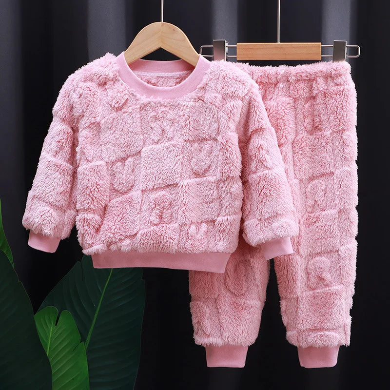 Baby flannel pajamas Korean casual solid color home clothing set for childrens long sleeved pajamas and girls warm underwear set