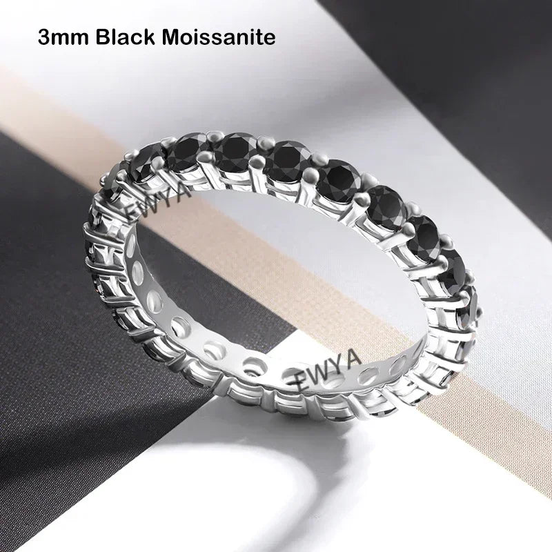 EWYA GRA Certified Full 3/4/5mm D Color Black Moissanite Ring Full Eternity Diamond Band For Women Men S925 Silver Wedding Rings