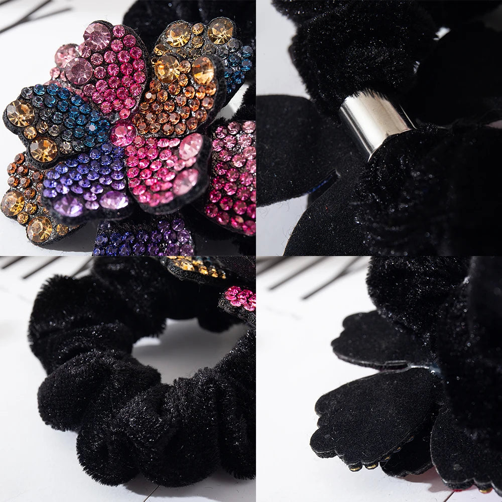 Women Rhinestone Scrunchies Velvet Elastic Hair Bands Flower Hair Rope Rings Ponytail Holder Crystal Headwear Hair Accessories