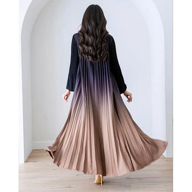 Wrinkled trench coat for women in summer and autumn 2024, new print gradient color flared sleeves, cardigan, long outerwear