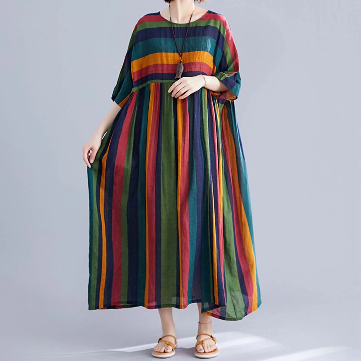 Rainbow Dress With Pockets Women's Stripe Print Plus Size Loose Large Swing Dresses Female Casual Breath Comfty Outgoing Dress