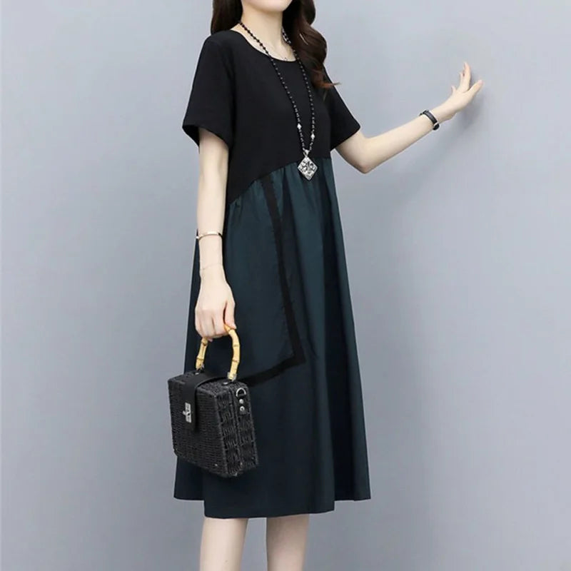 Fashion Korean Women's Clothing Round Neck Double Pockets Patchwork Pleated Short Sleeve Summer loose Shirring A-line Dresses