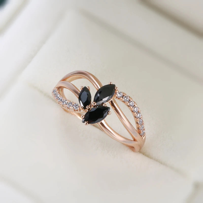 Wbmqda Trendy Black Natural Zircon Rings For Women 585 Rose Gold Color Wedding Party Fine Crystal Flower Jewelry Accessories