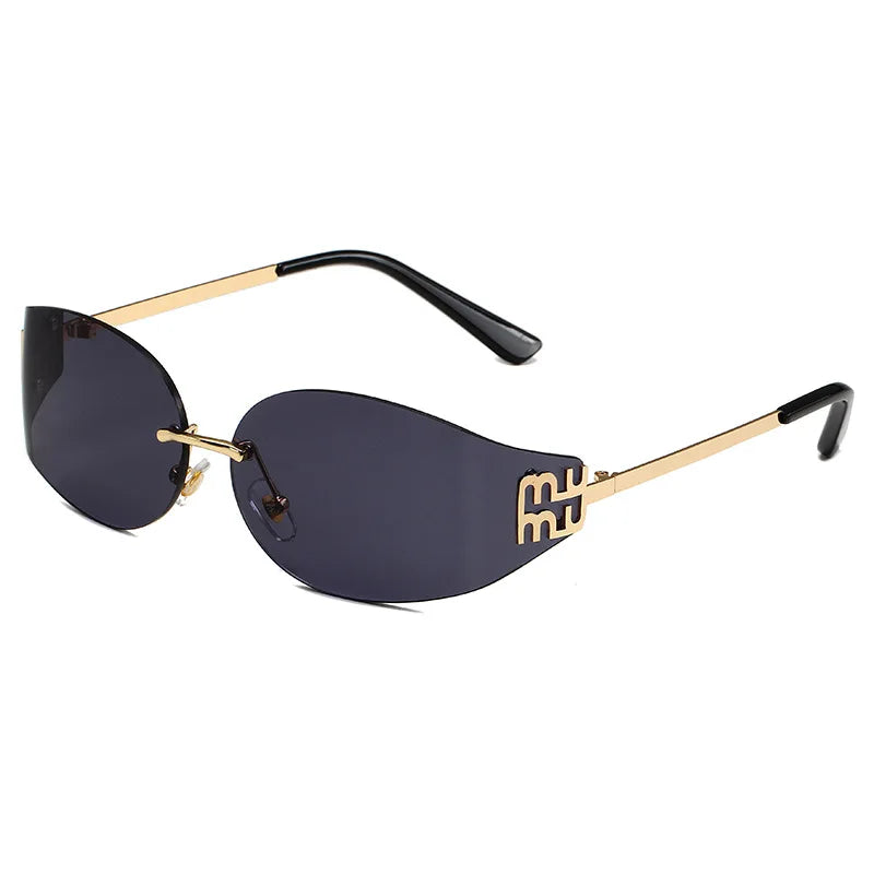 Rimless Oval Sunglasses Women UV400  Oversized Gradient Black Lenses Metal Frame Punk Decorative Glasses Men Goggles Female
