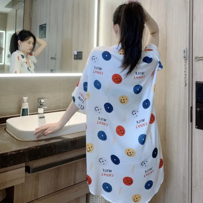 2023 New Extra-large Short Nightdress Women Summer Loungewear French Thin Shirt Half Sleeve Pajamas Women V-neck Homewear