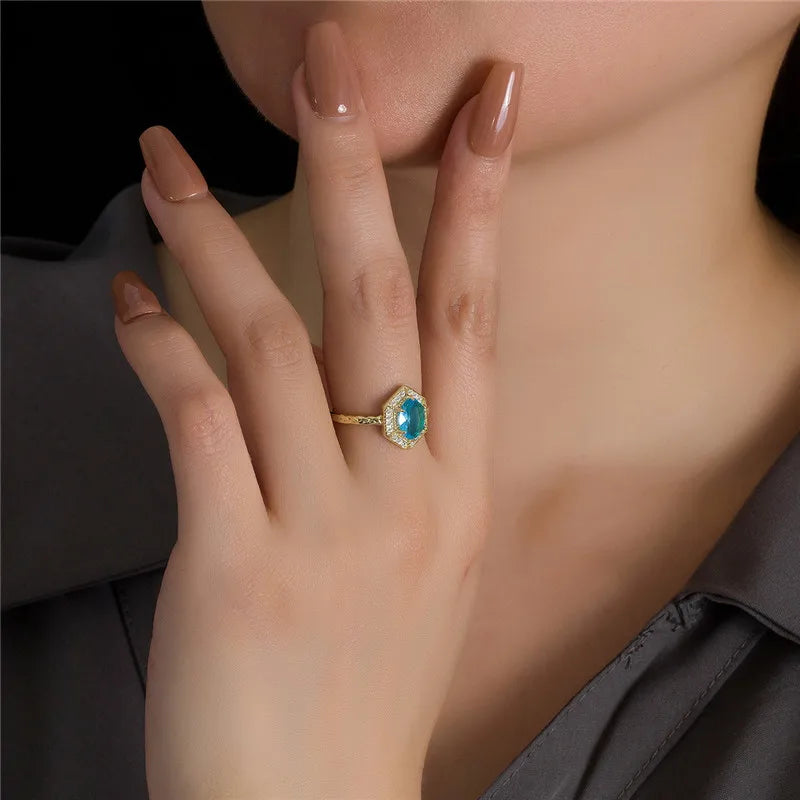 Real S925 sterling silver 18k Gold plating Geometric hexagon Synthetic blue topaz open ring for women luxury Fine jewelry