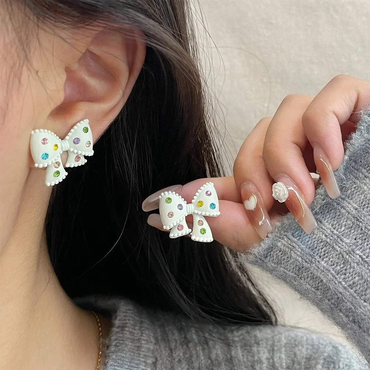 Colorful Zircon Bow Earrings Fashionable Cute Originality Design Resin Bow Delicate Earrings Women's Birthday Gift Jewelry