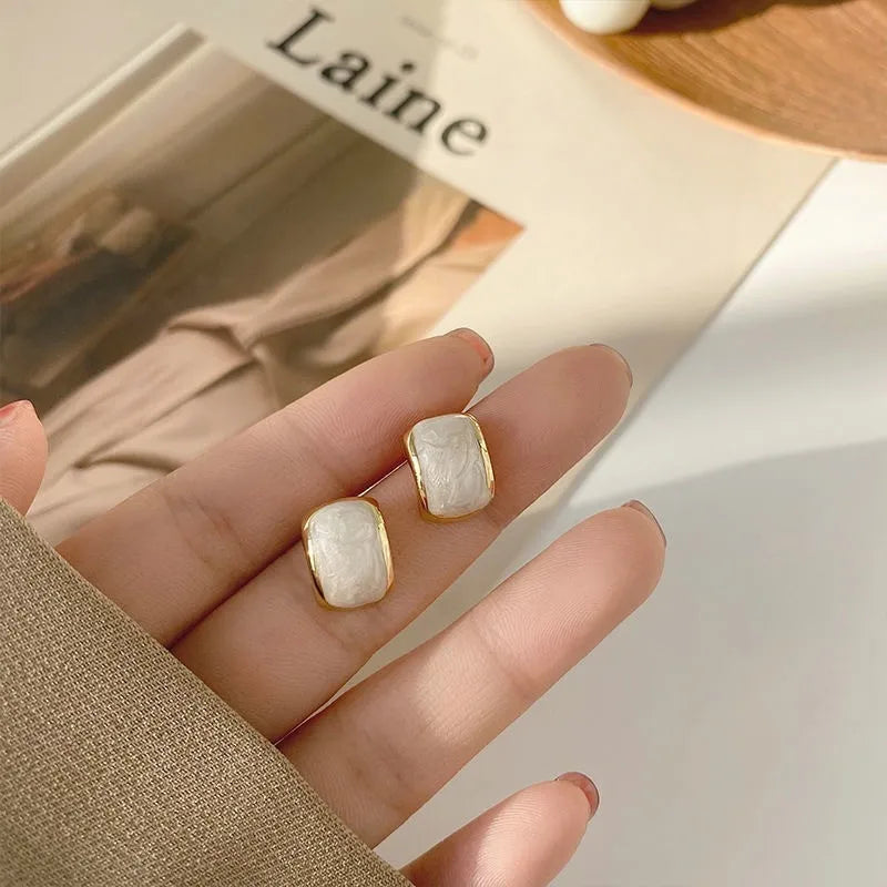 Irregular Square Glaze Stud Earrings for Women Girl French Ins Vintage 2024 Fashion Korean Wedding Romantic Jewelry Gifts
