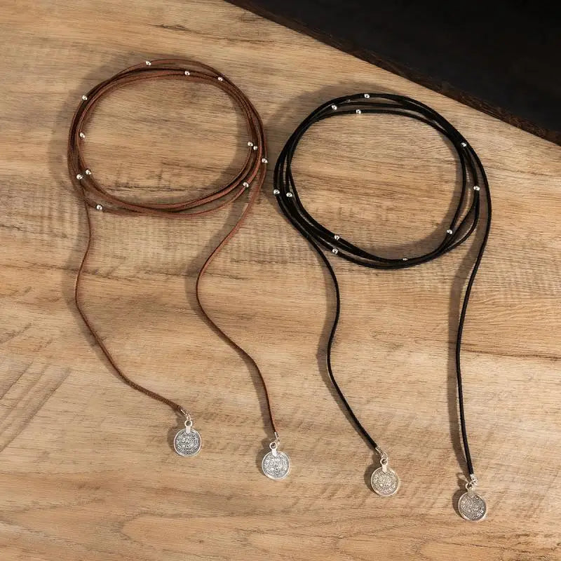 Ethnic Retro Brown Black Rope Chain Necklace for Women Metal Beaded Geometric Charm Adjustable Choker Jewelry Party Collar New
