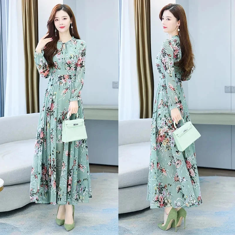 2024 Floral Vintage Chiffon Long Sleeve Dress Spring Autumn Womens Fashion Prom Maxi O-Neck Bodycon Evening Midi Dresses
