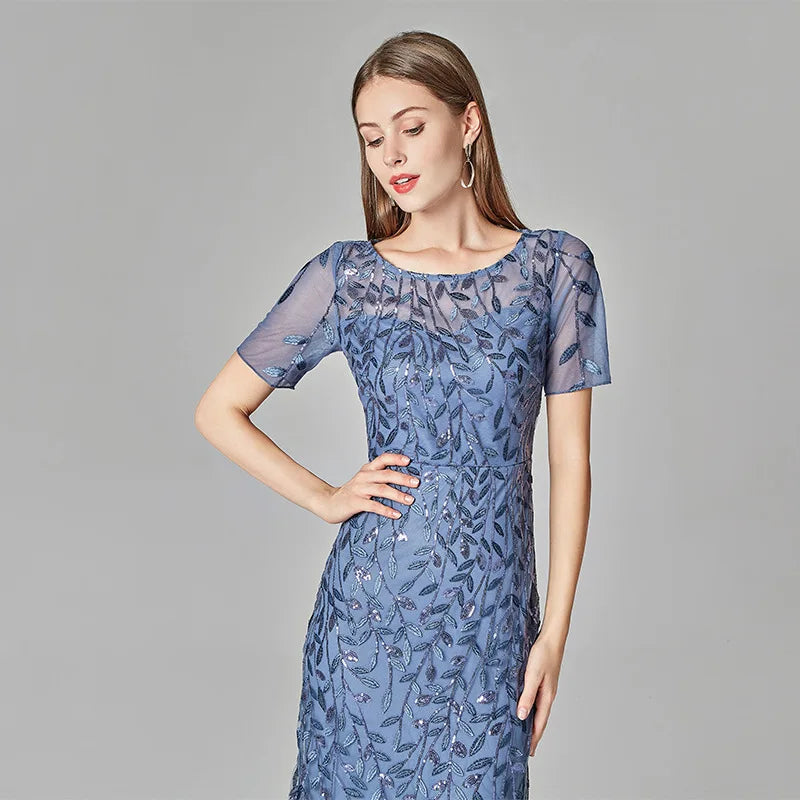 Plus Size Sequin Mesh Embroidery Mermaid Evening Dress Formal Short Sleeve Elegant Party Prom Gowns Long Maxi Dresses for Women
