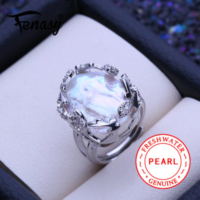 FENASY Natural Freshwater 12-16mm Big Baroque Pearl 925 Sterling Silver Rings Bridal Wedding Jewelry Birthday Gifts For Women