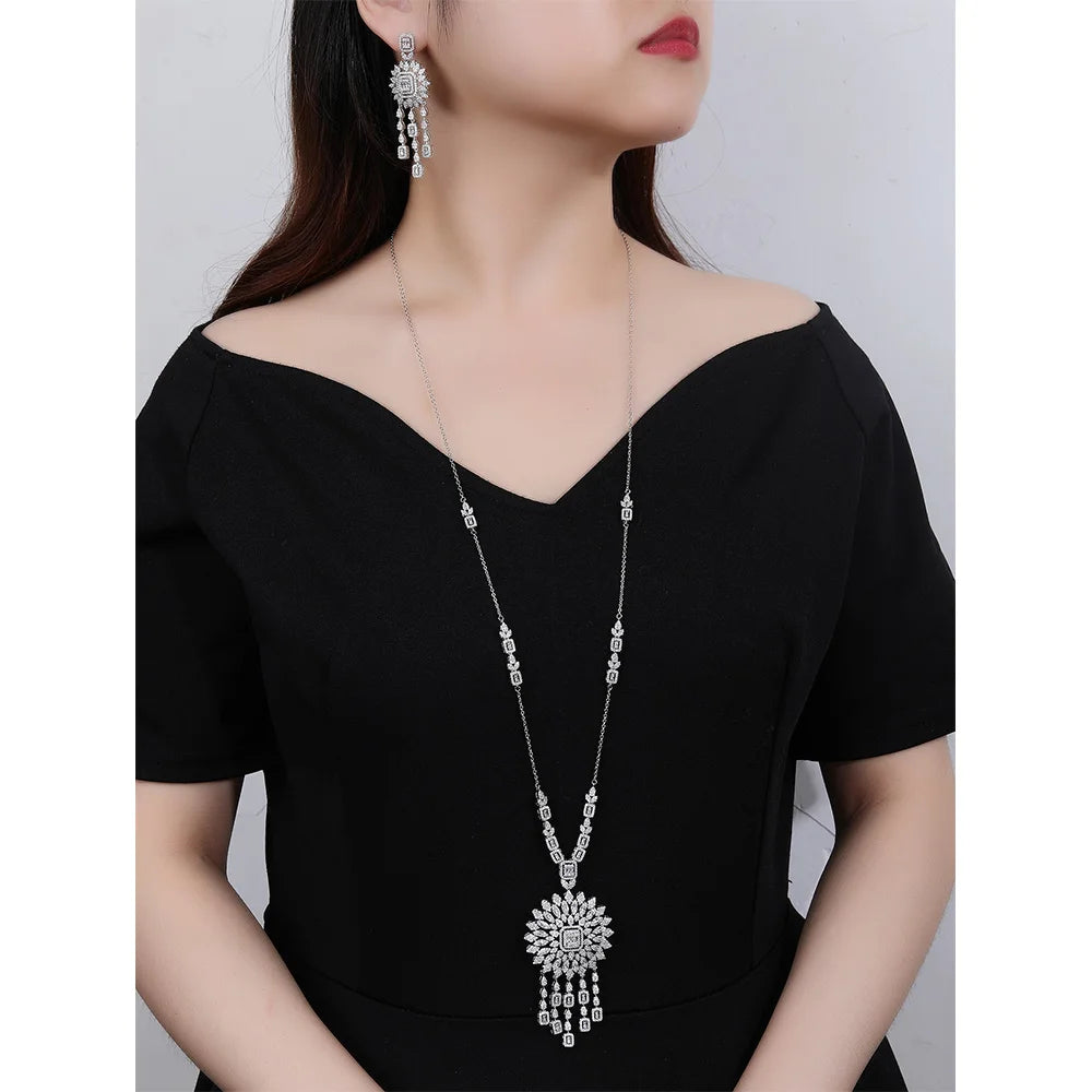 New Trendy Sweater Long Necklace Earring Jewelry Sets For Women Wedding Party Zircon CZ African Dubai Bridal Jewelry
