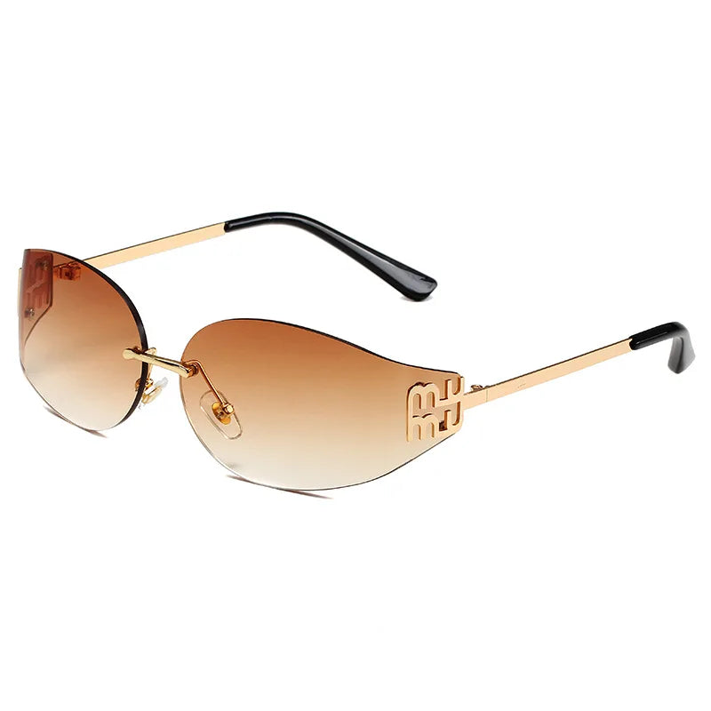 Rimless Oval Sunglasses Women UV400  Oversized Gradient Black Lenses Metal Frame Punk Decorative Glasses Men Goggles Female