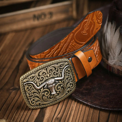 Western Cowboy PU Leather Belt - Men Waist Strap Bull Decoration Floral Engraved for Jeans