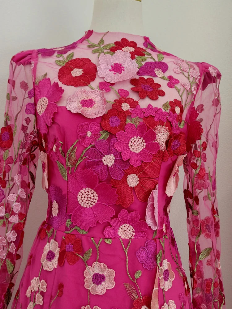JAMERARY Runway 2024 Spring/Summer New Mesh 3D Flower Embroidery Perspective Evening Prom Dress Women Holiday Robe Vestido Party