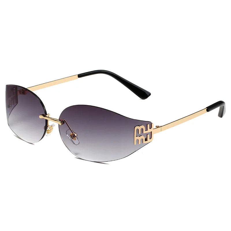 Rimless Oval Sunglasses Women UV400  Oversized Gradient Black Lenses Metal Frame Punk Decorative Glasses Men Goggles Female