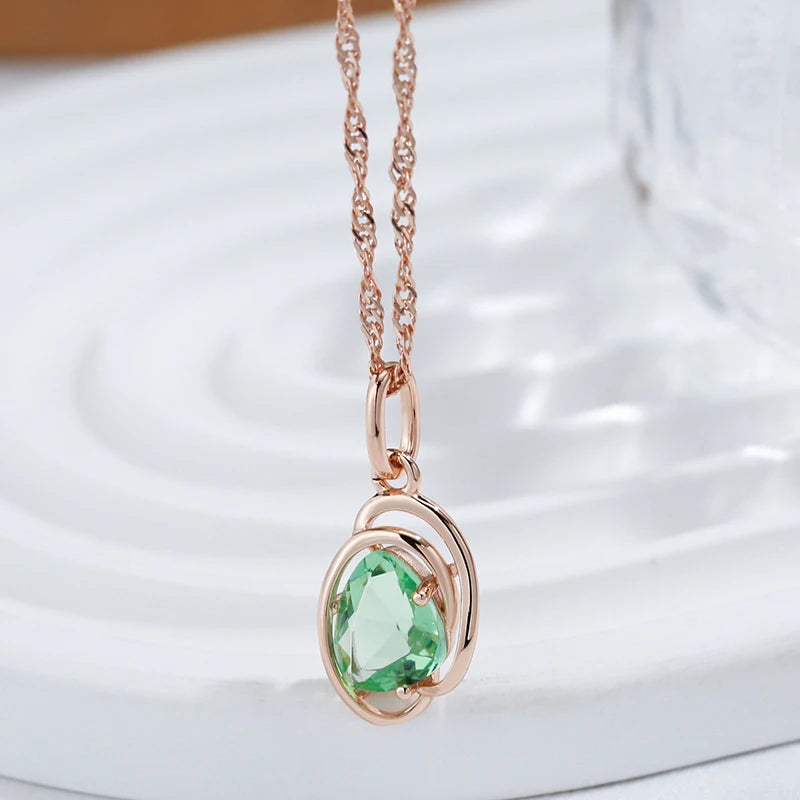 Wbmqda Geometric Light Green Stone Pendant And Necklace For Women 585 Rose Gold Color Trendy Neck Chain Jewelry