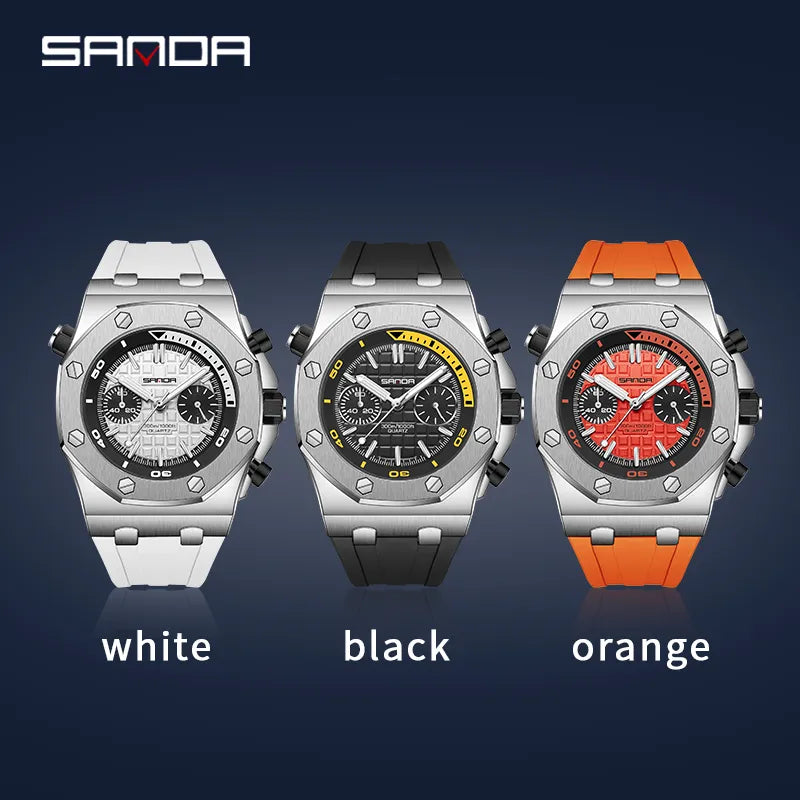 SANDA Luxury Personality Quartz Men Watch 2023 New Design Orange Silicone Strap Sports Style Mens Watches Shockproof Reloj 7027
