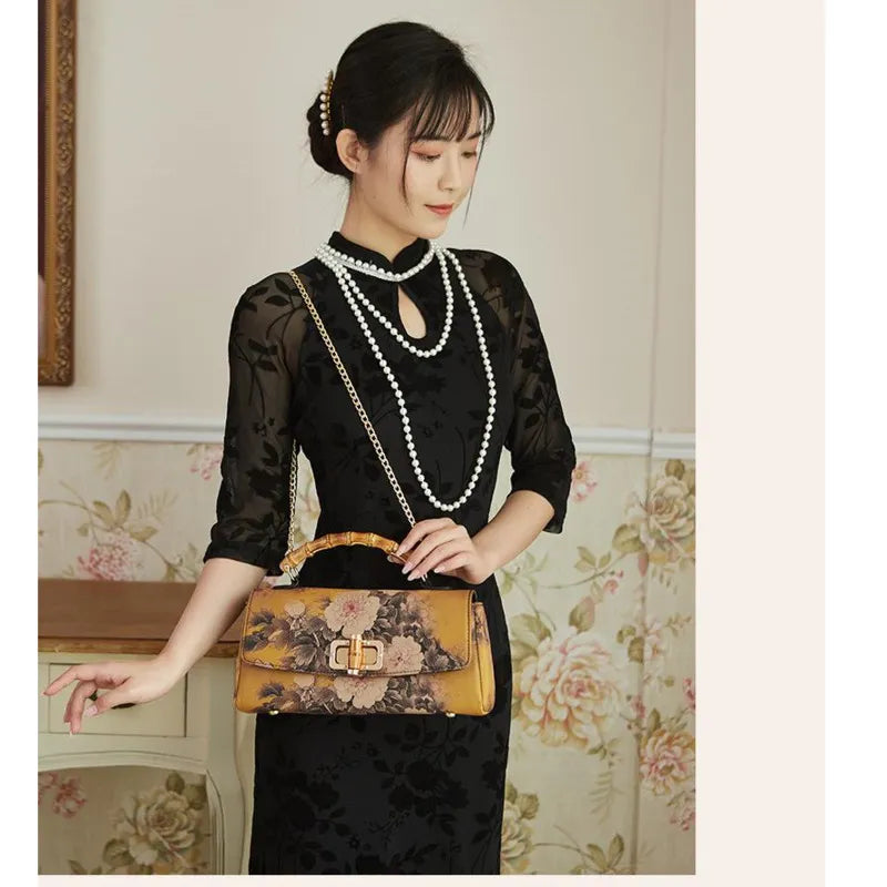 MOTAORA Vintage Print Cheongsam Leather Handbag Women Bag Luxury Designer Handmade 2023 New Ladies Shoulder & Crossbody Bags